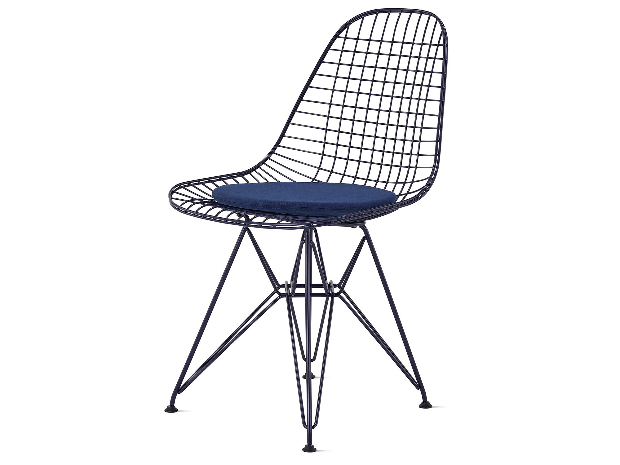 Black blue wire upholstered chair with wire base front angle view
